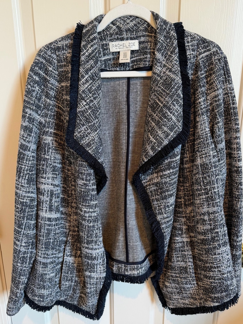 Rachel Zoe Navy/White Tweed Open Front Jacket W Navy Fringe EUC Size 1X